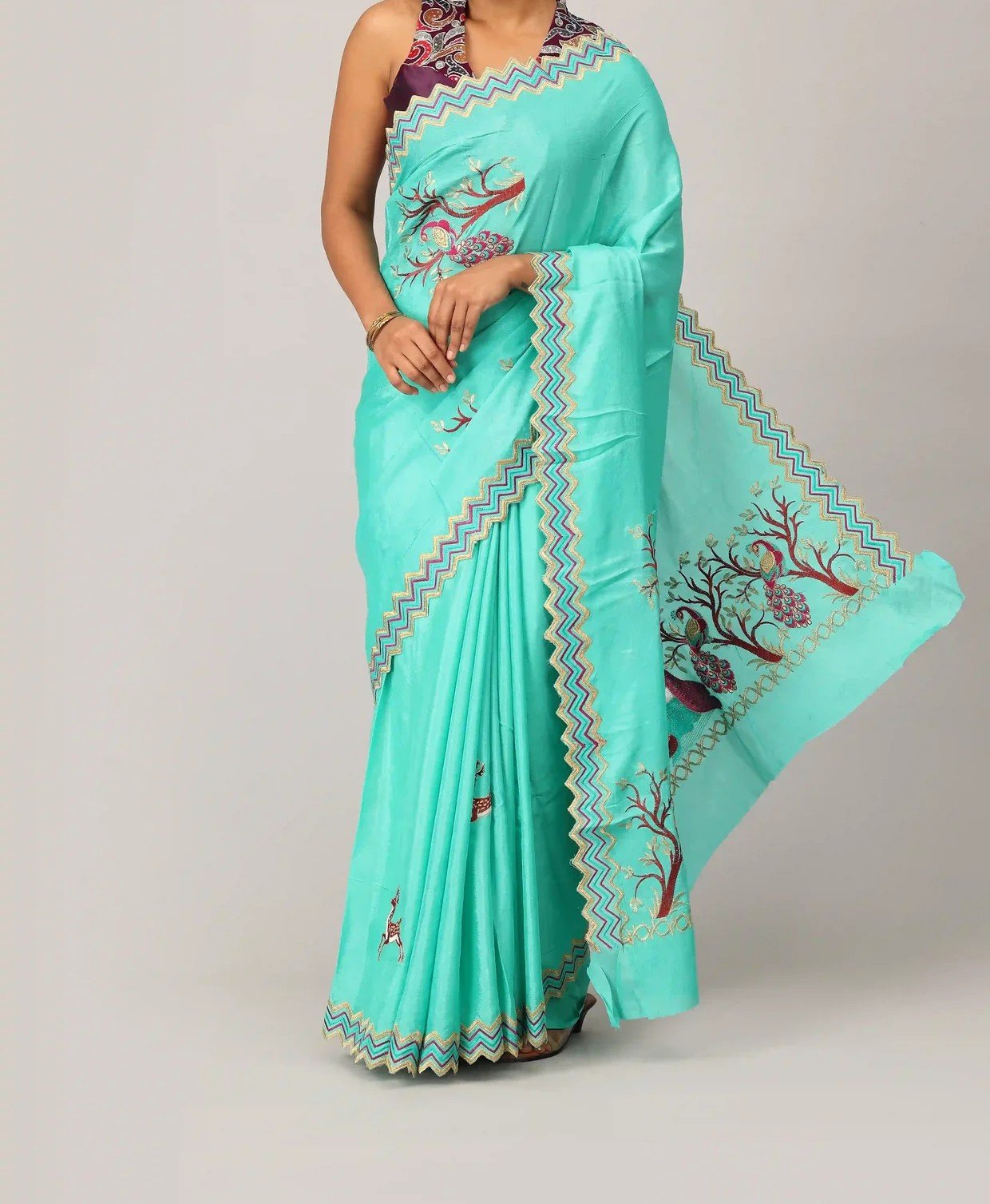 Aqua Mint Embroidered Saree dnk yellow shoes